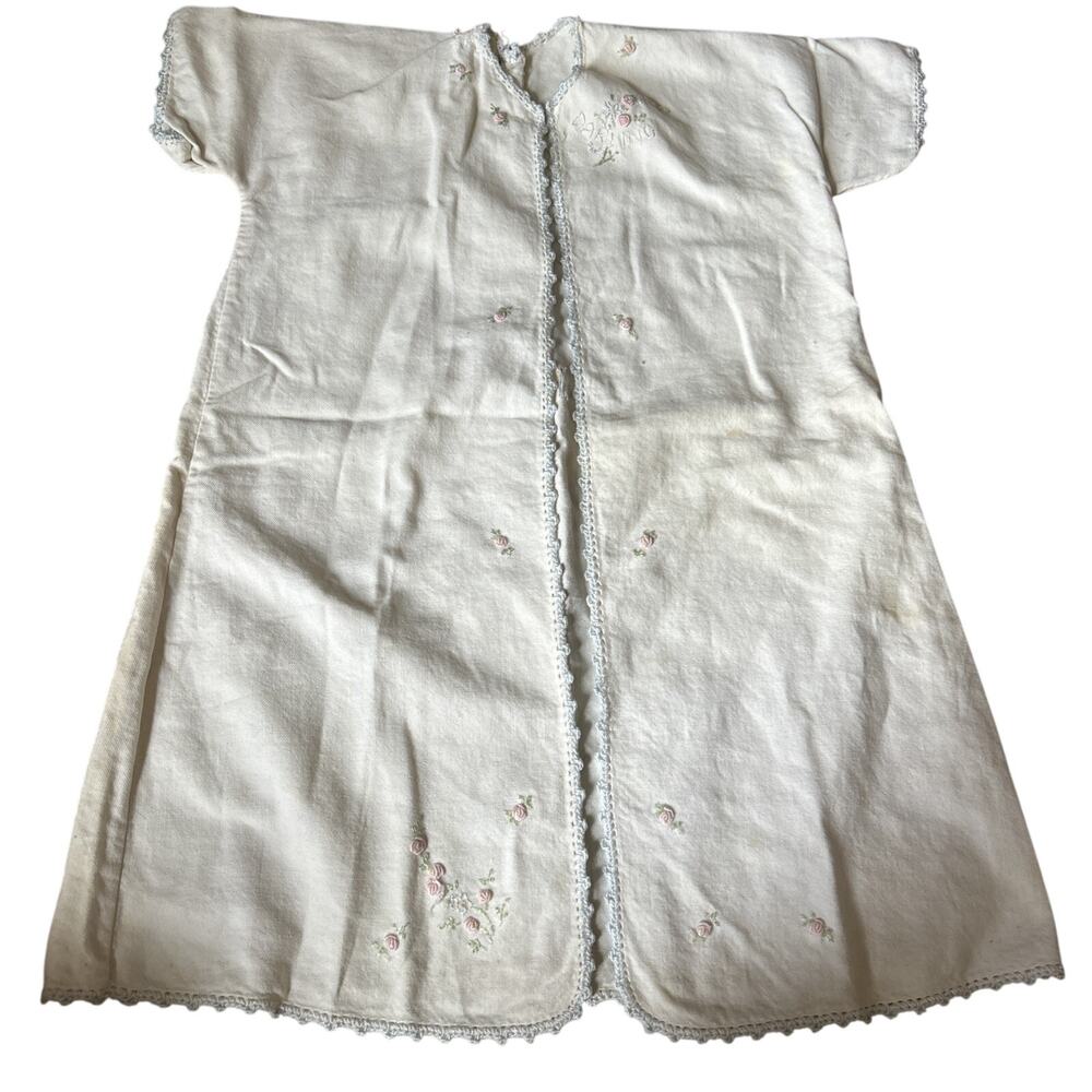Vintages 1950s? Embroidered Floral White & Pink Baby Pajama Shirt “Darling”